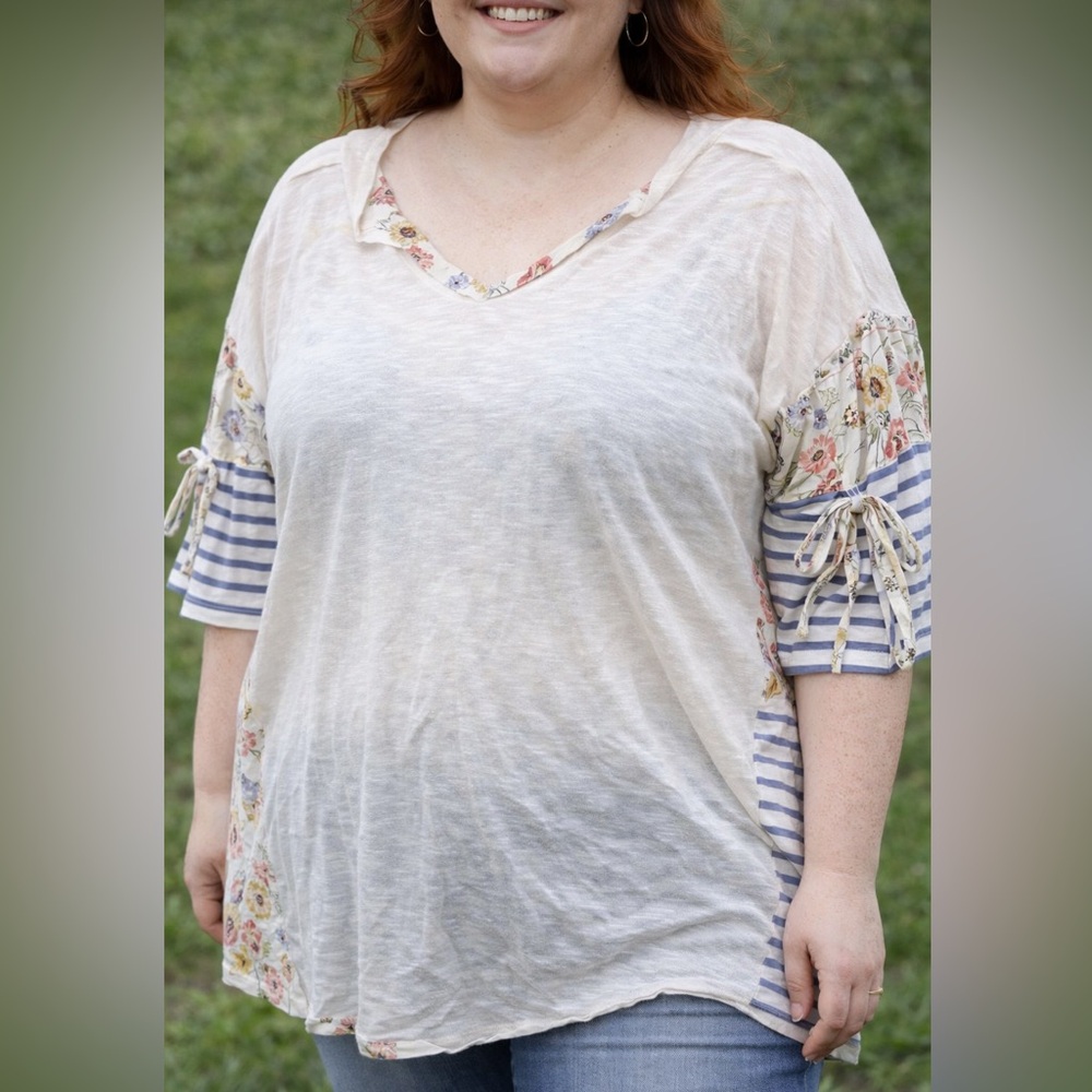 Democracy Floral & Stripe Mixed Media Top | Women’s 3X | Boho Casual Blouse